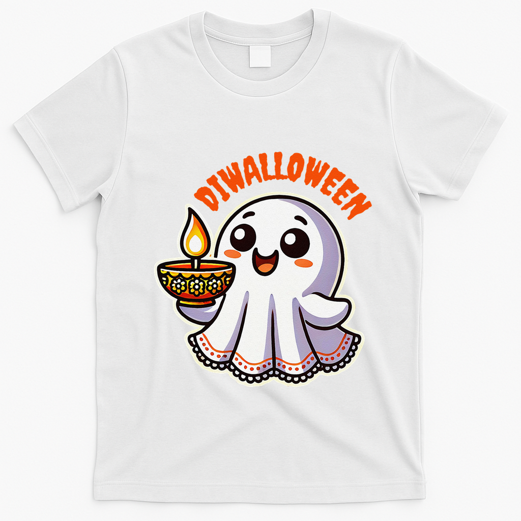 Fun Boo Ghost Lantern Diwali Deepavali Halloween Diwalloween T-Shirt - White