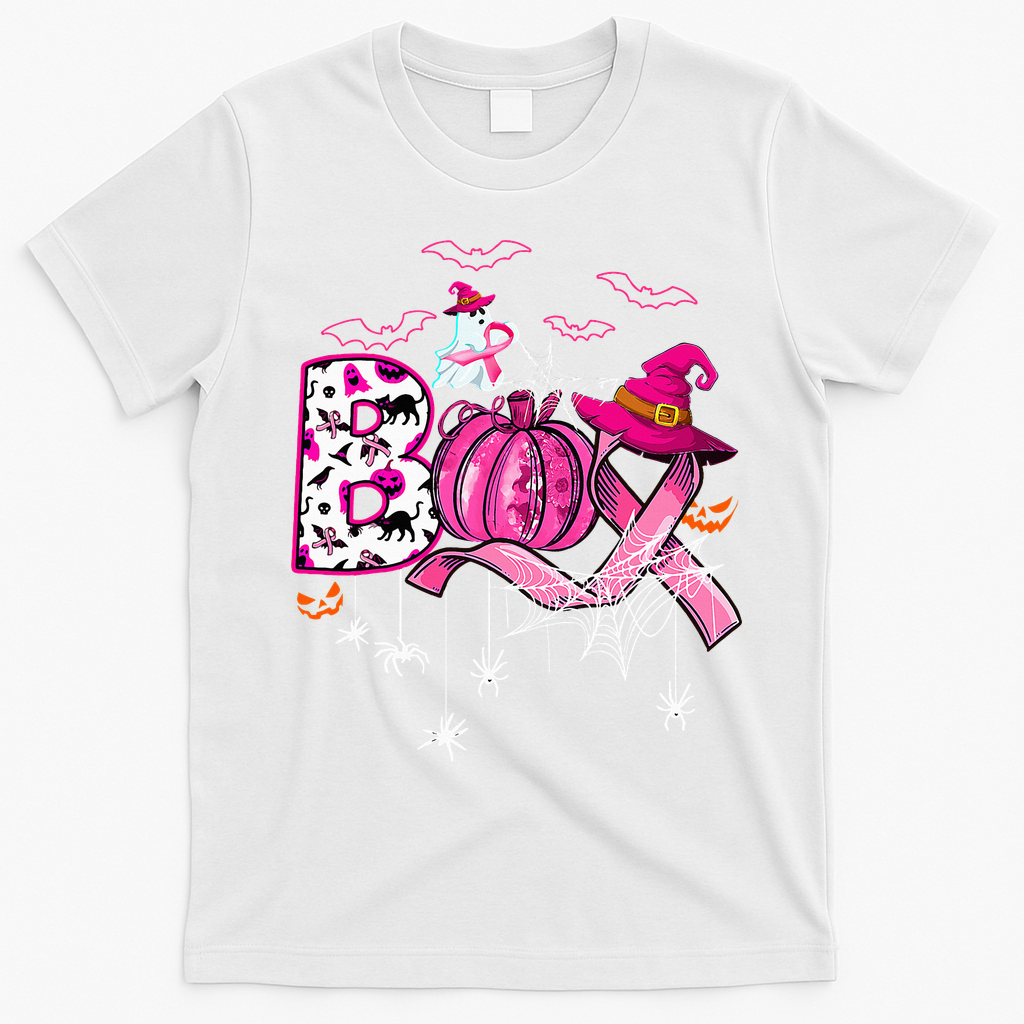 Funny Boo Pumpkin Witch Pink Ribbon Breast Cancer Halloween T-Shirt - White