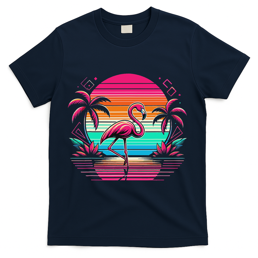 Flamingo Beach Summer Vibes Palm Tree Tropical Summer T-Shirt - Navy