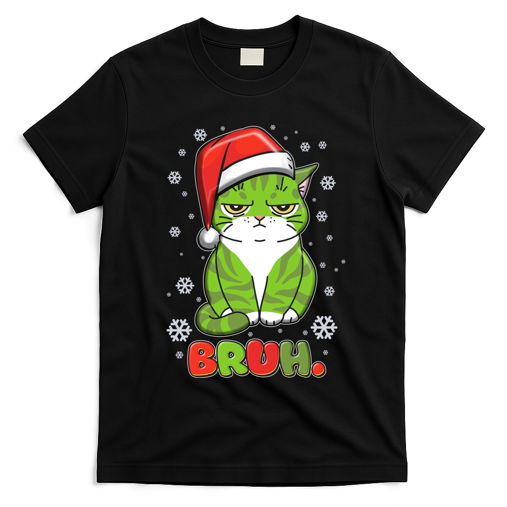 Funny Christmas Bruh Grumpy Grinch Cat T-Shirt - Black