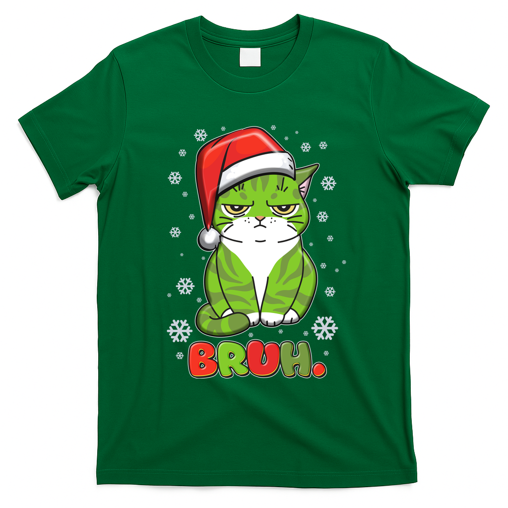 Funny Christmas Bruh Grumpy Grinch Cat T-Shirt - Irish Green