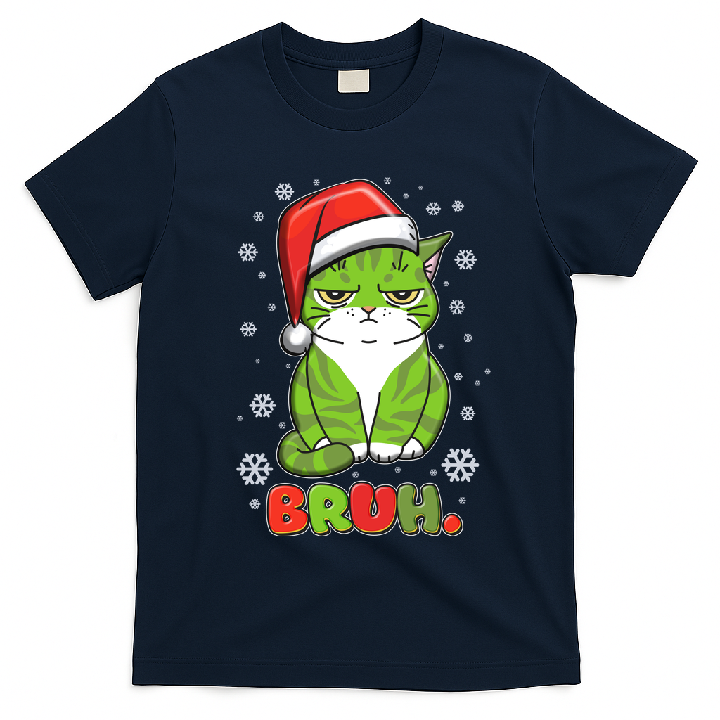 Funny Christmas Bruh Grumpy Grinch Cat T-Shirt - Navy Blue