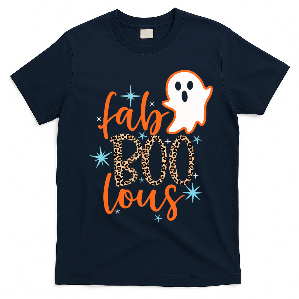 Funny Cute Boo Ghost Halloween Fab-Boo Lous Leopard T-Shirt - Navy Blue