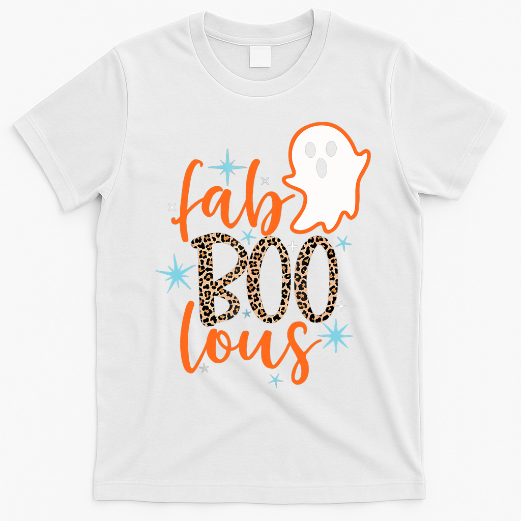 Funny Cute Boo Ghost Halloween Fab-Boo Lous Leopard T-Shirt - White