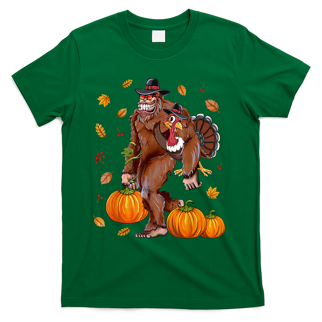 Funny Cute Bigfoot Sasquatch Turkey Pumpkin Happy Thanksgiving Day T-Shirt - Green