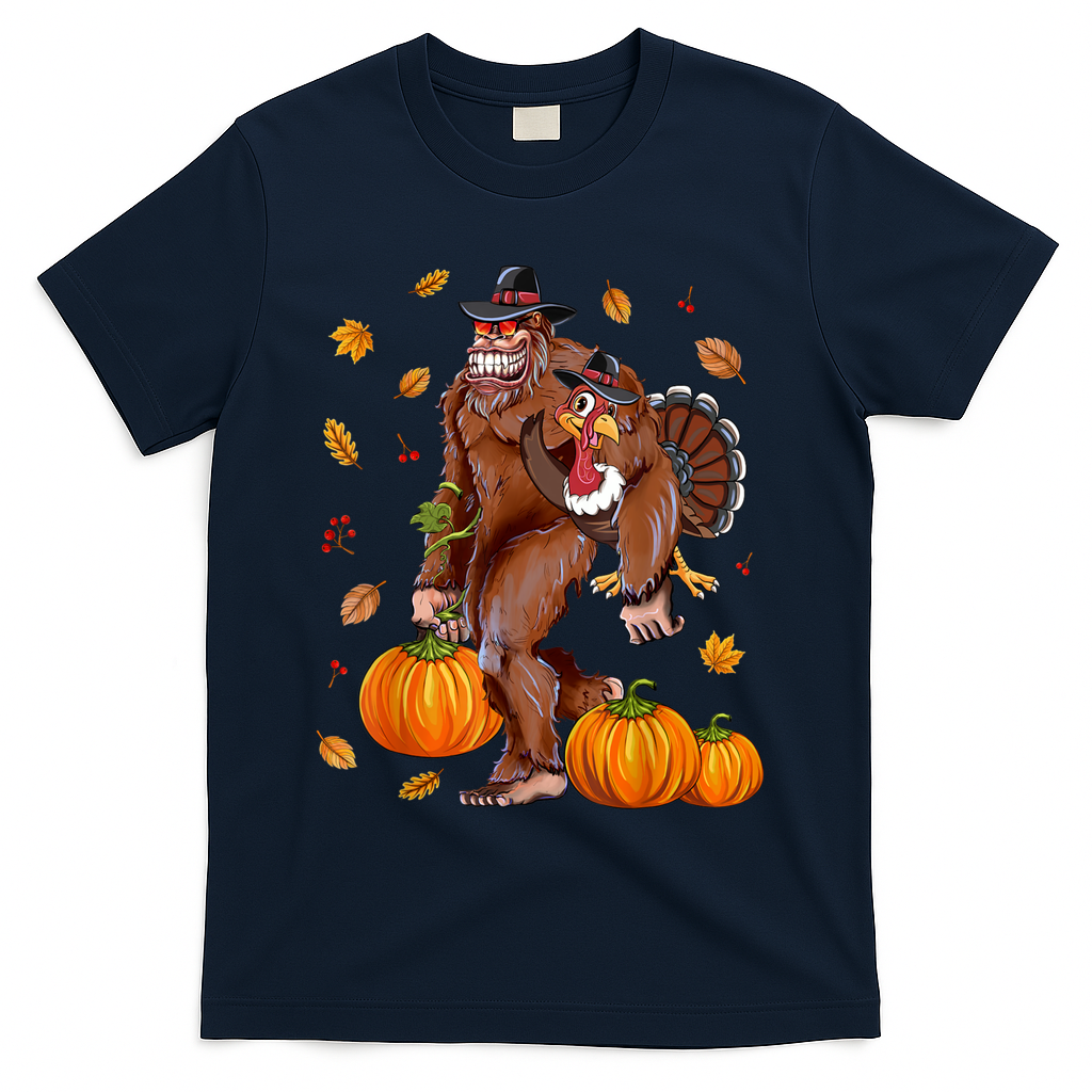 Funny Cute Bigfoot Sasquatch Turkey Pumpkin Happy Thanksgiving Day T-Shirt - Navy