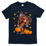 Funny Cute Bigfoot Sasquatch Turkey Pumpkin Happy Thanksgiving Day T-Shirt - Navy