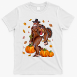 Funny Cute Bigfoot Sasquatch Turkey Pumpkin Happy Thanksgiving Day T-Shirt - White