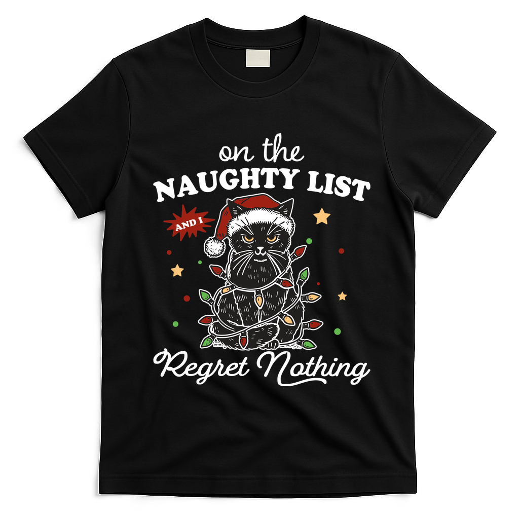 Funny Christmas Cat On The Naughty List And I Regret Nothing T-Shirt - Black
