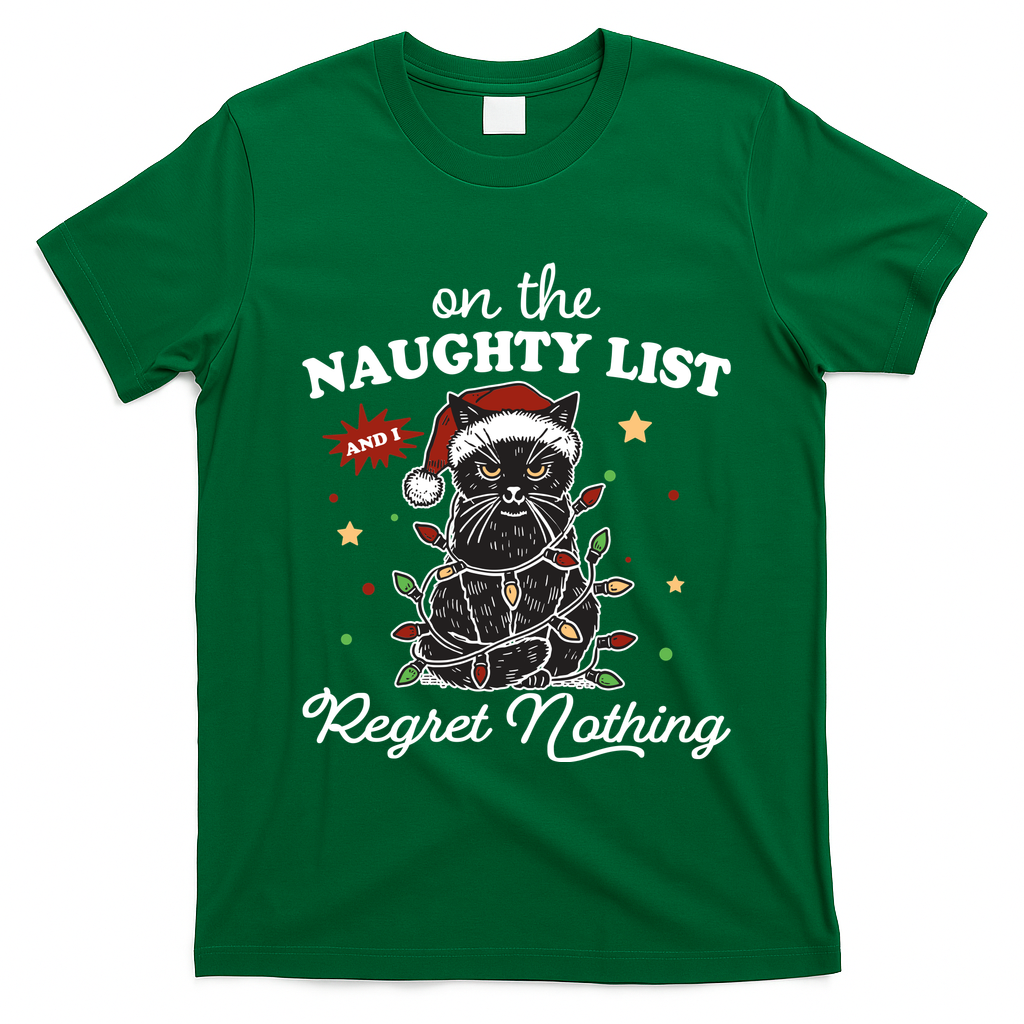 Funny Christmas Cat On The Naughty List And I Regret Nothing T-Shirt - Irish Green