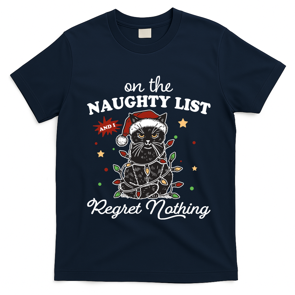 Funny Christmas Cat On The Naughty List And I Regret Nothing T-Shirt - Navy Blue