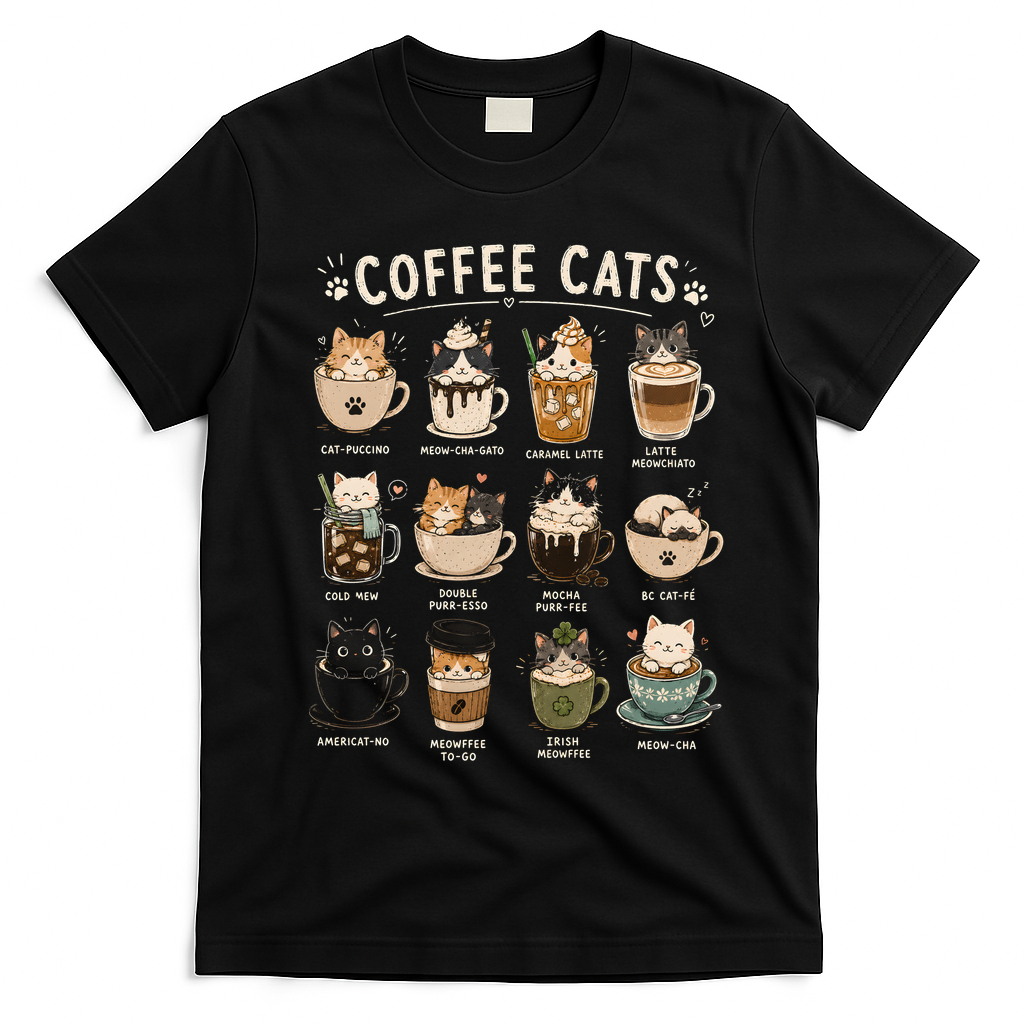 Funny Coffee Cats Cute Cat Themed Beverage T-Shirt - Black