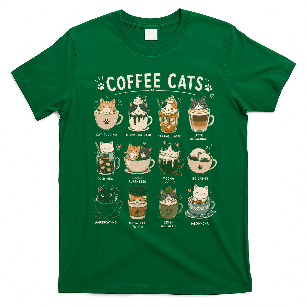 Funny Coffee Cats Cute Cat Themed Beverage T-Shirt - Irish Green
