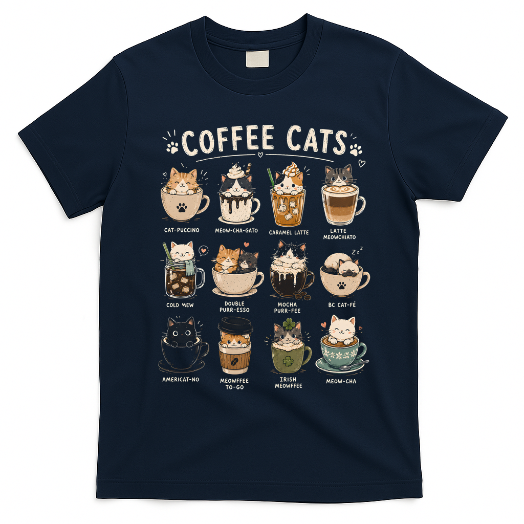 Funny Coffee Cats Cute Cat Themed Beverage T-Shirt - Navy Blue