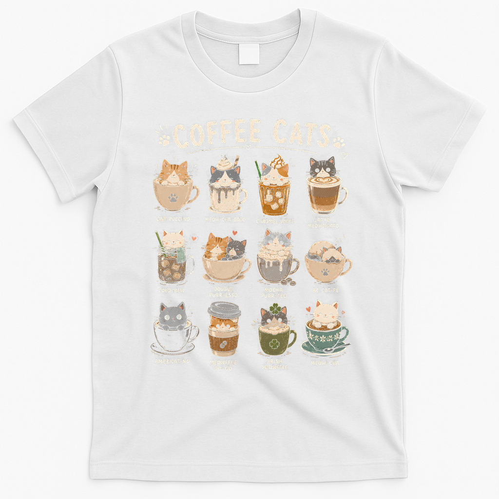 Funny Coffee Cats Cute Cat Themed Beverage T-Shirt - White