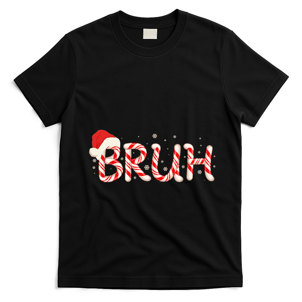 Funny Christmas Candy Cane Bruh T-Shirt - Black