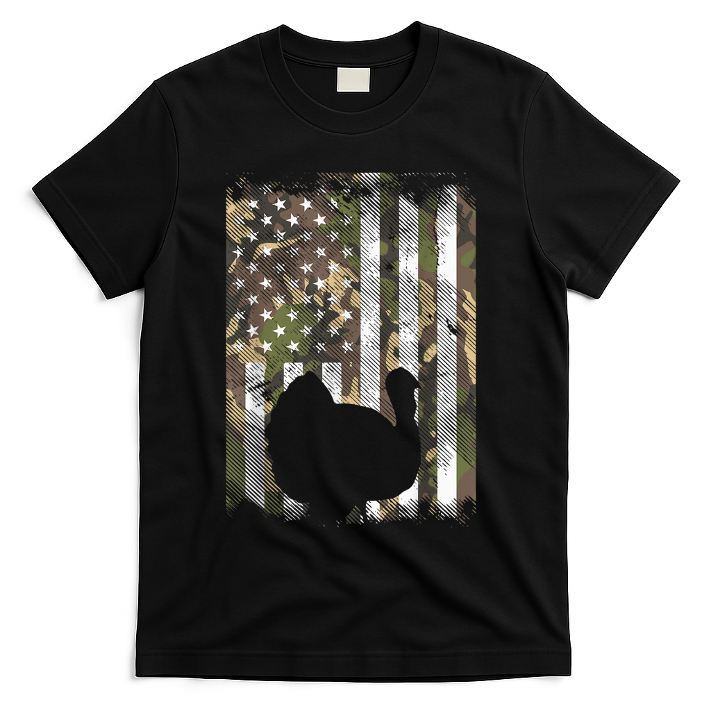 Funny Cute Camo US America Flag Turkey Day Hunting Thanksgiving T-Shirt - Black