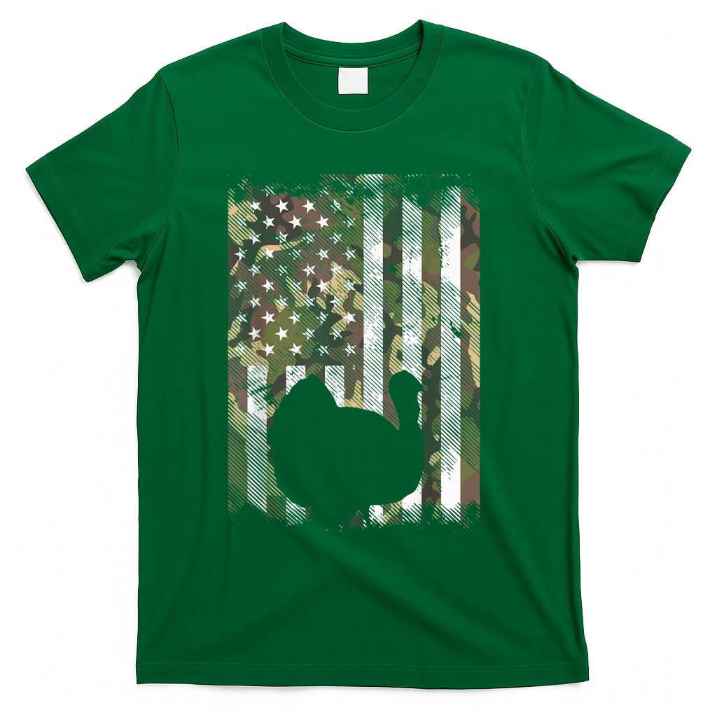 Funny Cute Camo US America Flag Turkey Day Hunting Thanksgiving T-Shirt - Green