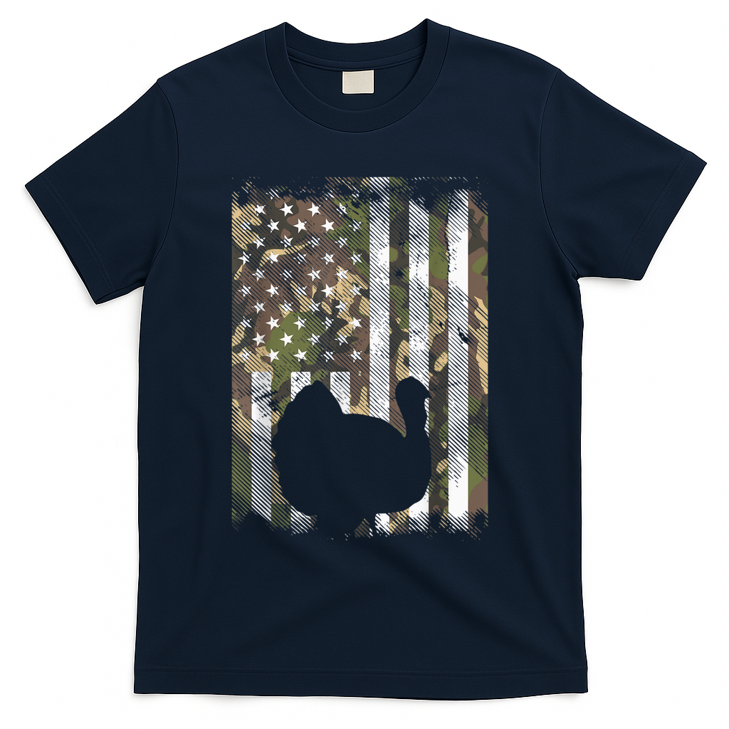Funny Cute Camo US America Flag Turkey Day Hunting Thanksgiving T-Shirt - Navy