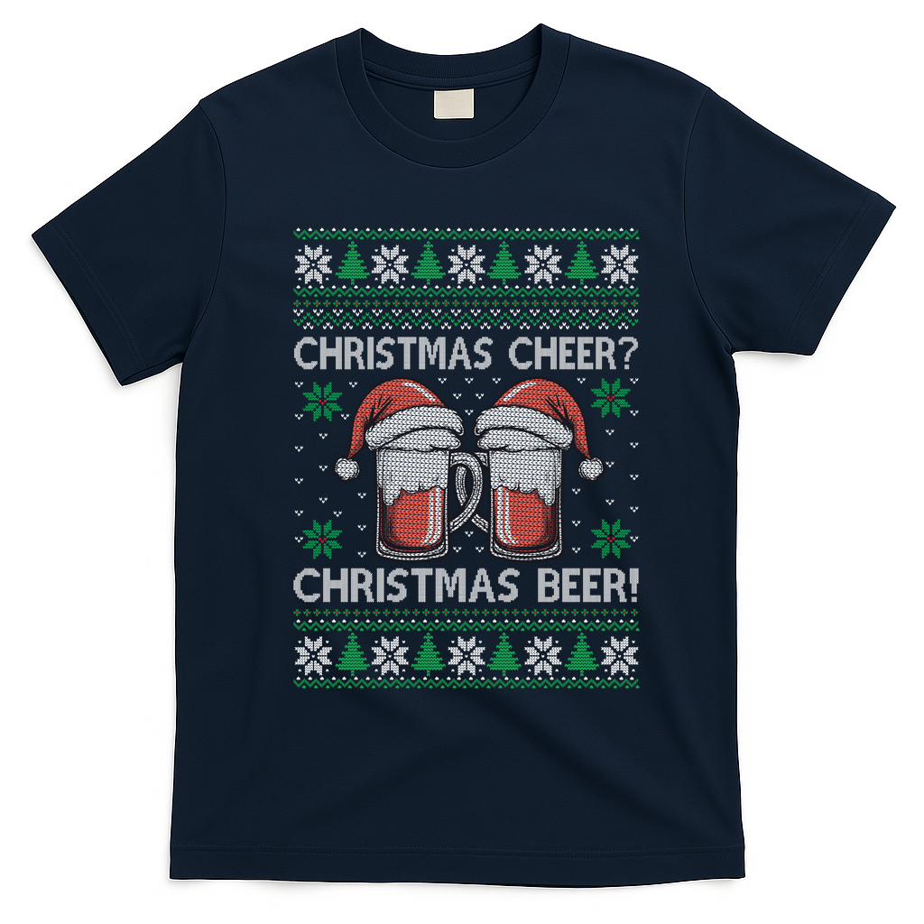 Funny Christmas Cheer Christmas Beer Ugly Sweater T-Shirt - Navy Blue