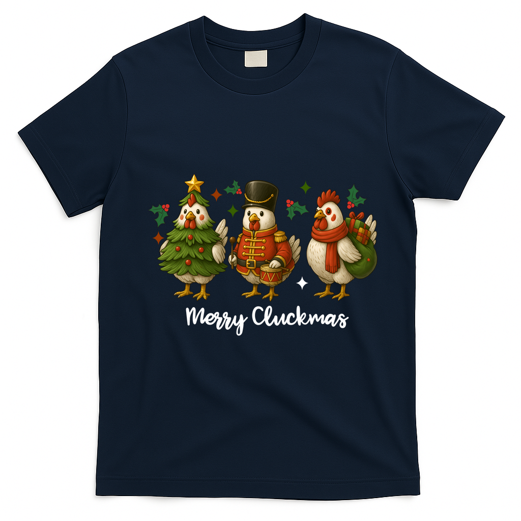 Funny Christmas Chicken Merry Cluckmas T-Shirt - Navy Blue