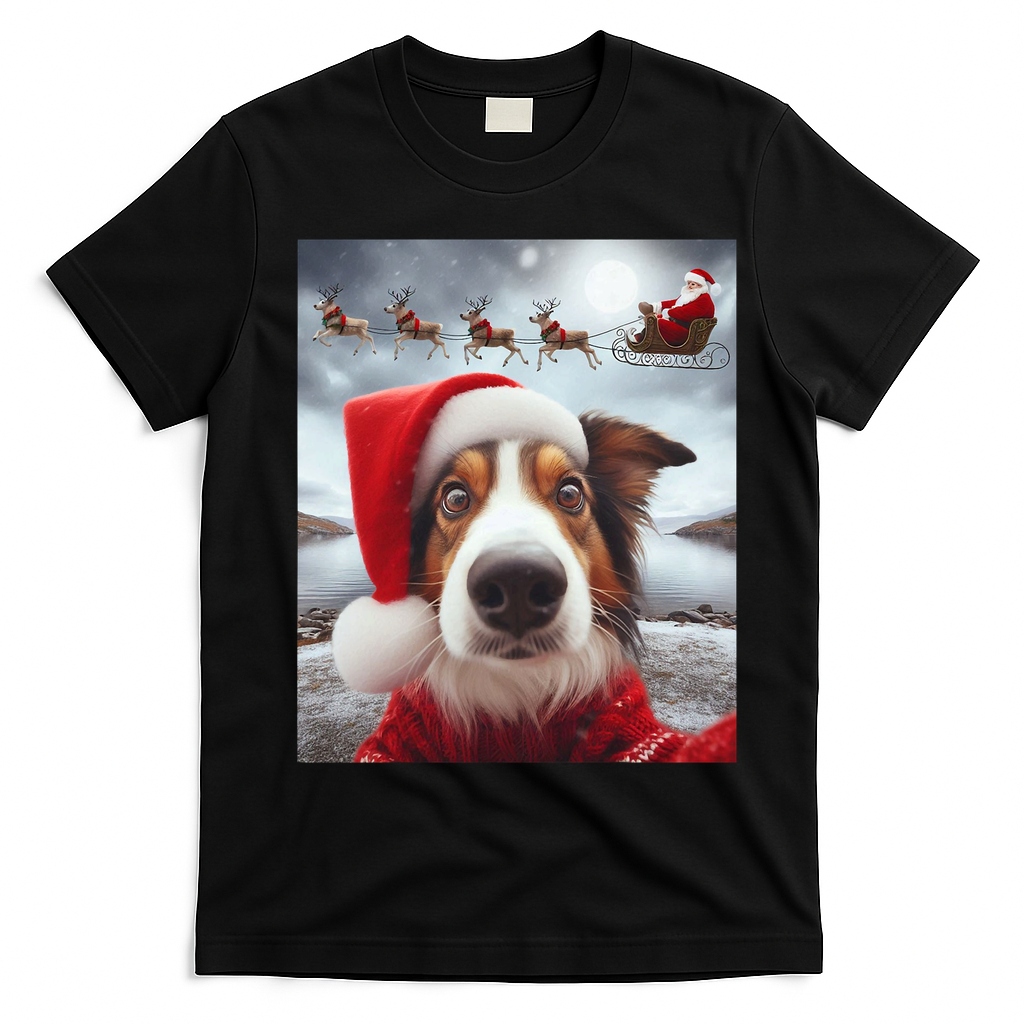 Funny Christmas Dog With Santa Dog Selfie With Santa T-Shirt - Black