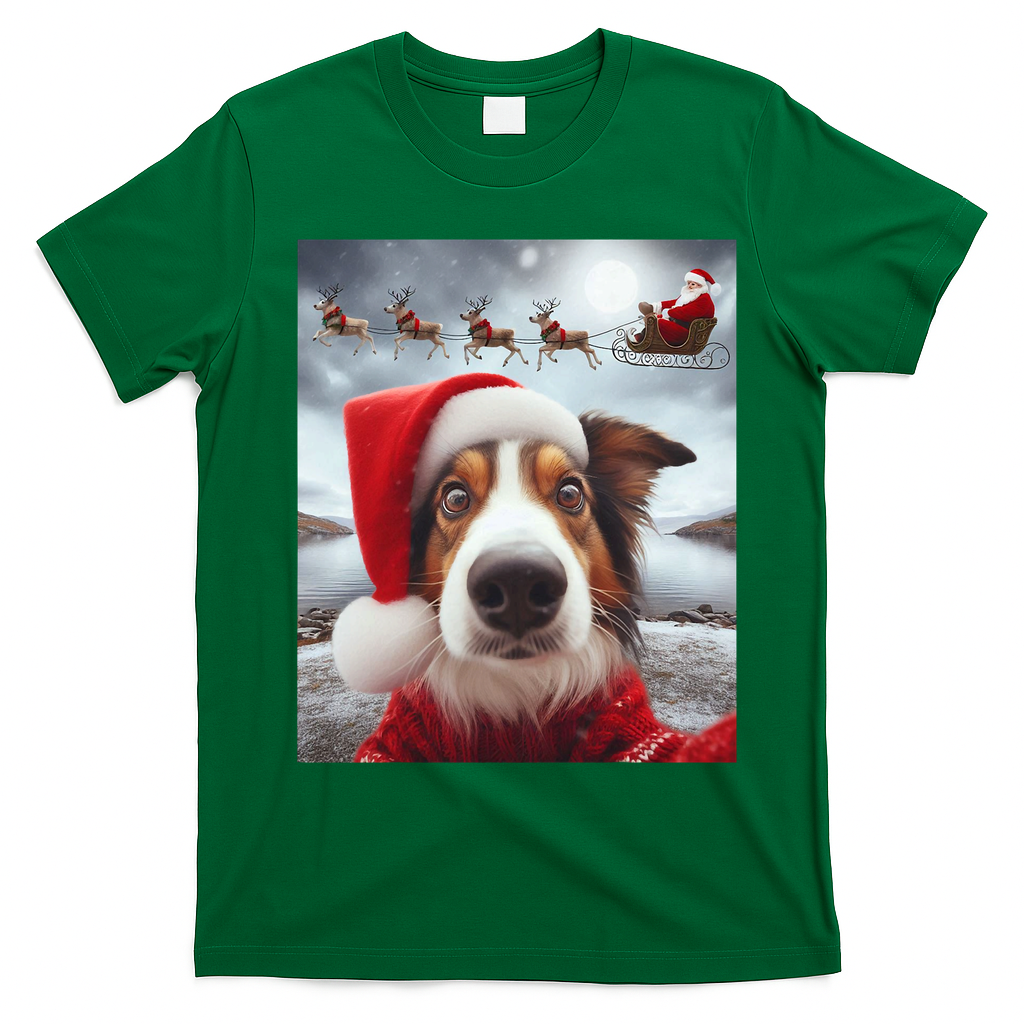 Funny Christmas Dog With Santa Dog Selfie With Santa T-Shirt - Irish Green