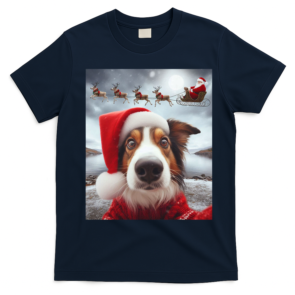 Funny Christmas Dog With Santa Dog Selfie With Santa T-Shirt - Navy Blue