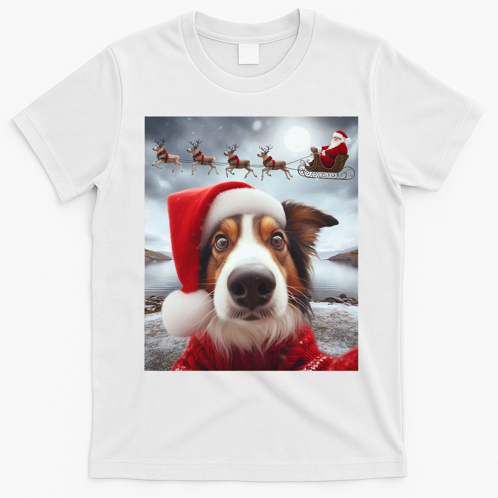 Funny Christmas Dog With Santa Dog Selfie With Santa T-Shirt - White