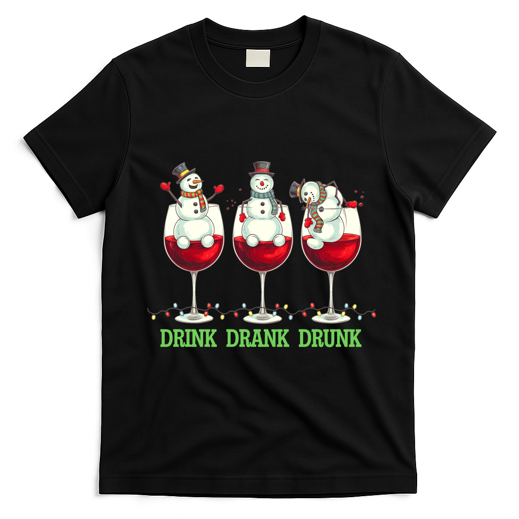 Funny Christmas Drink Drank Drunk Snowmen T-Shirt - Black
