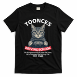 Funny Cat Driving School Graphic with Kitten Steering T-Shirt - Black