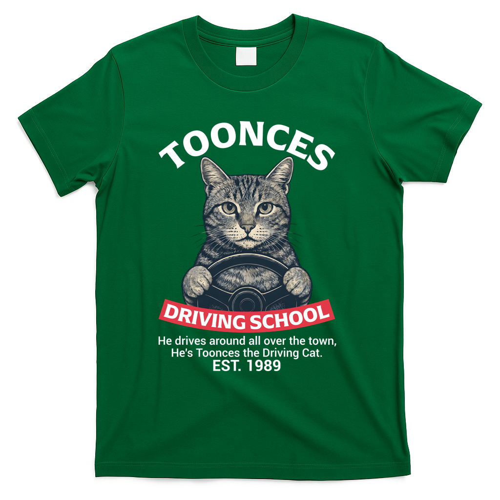Funny Cat Driving School Graphic with Kitten Steering T-Shirt - Green