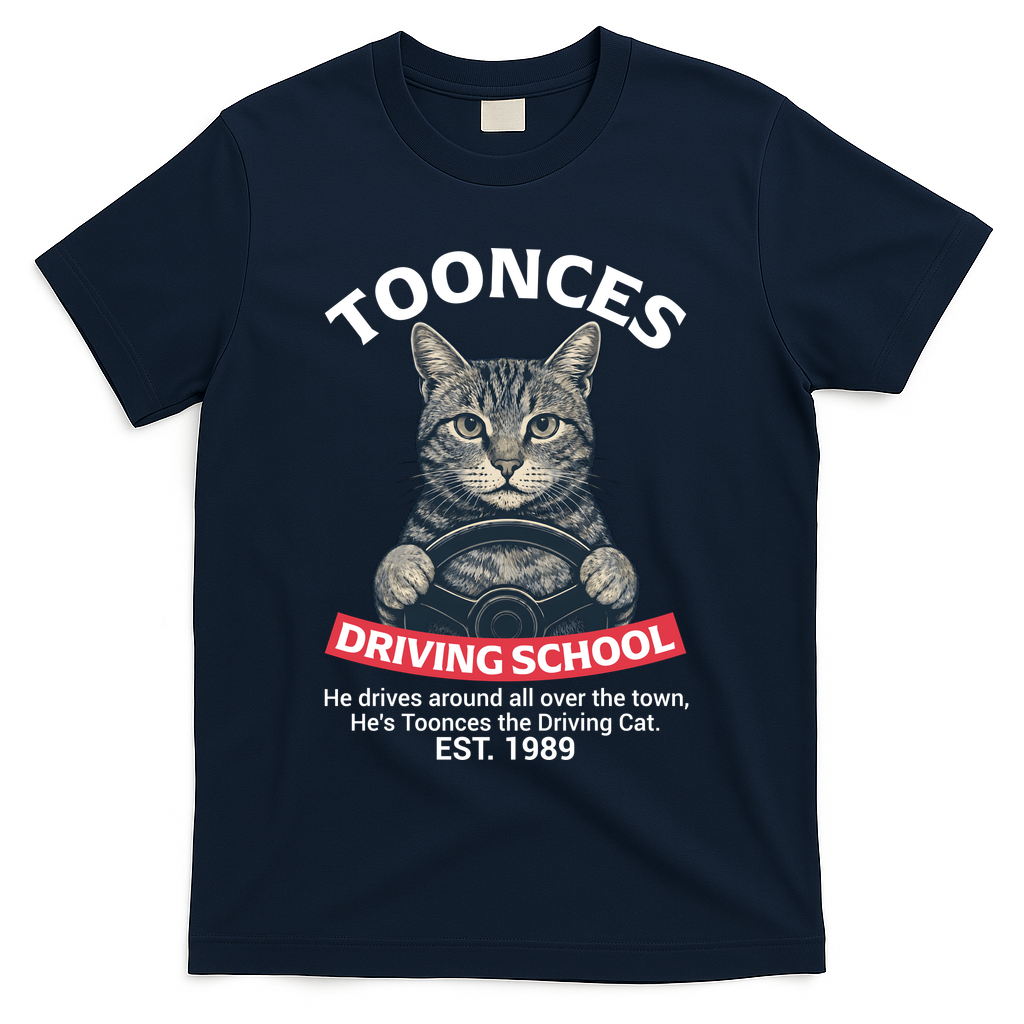 Funny Cat Driving School Graphic with Kitten Steering T-Shirt - Navy