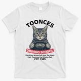 Funny Cat Driving School Graphic with Kitten Steering T-Shirt - White
