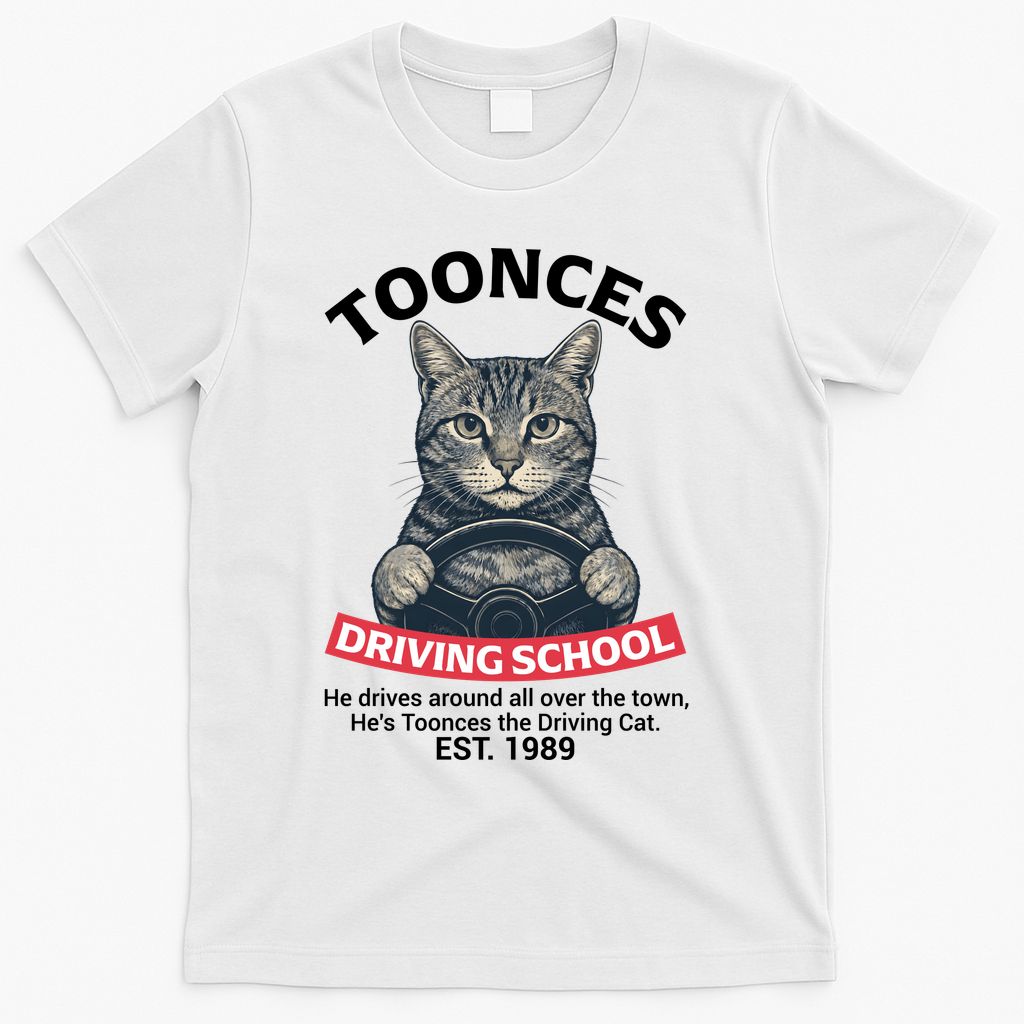 Funny Cat Driving School Graphic with Kitten Steering T-Shirt - White