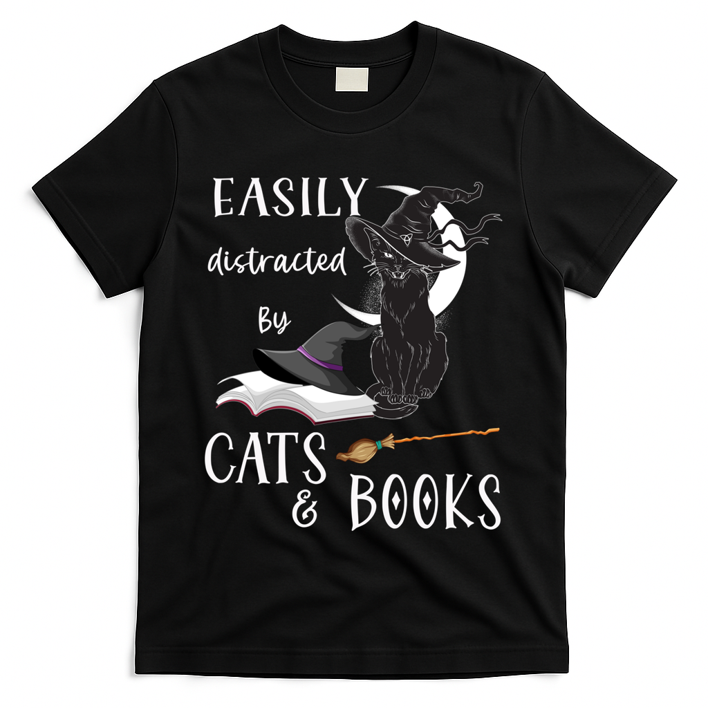 Funny Cat Halloween Tee Easily Distracted By Cats And Books Gift T-Shirt