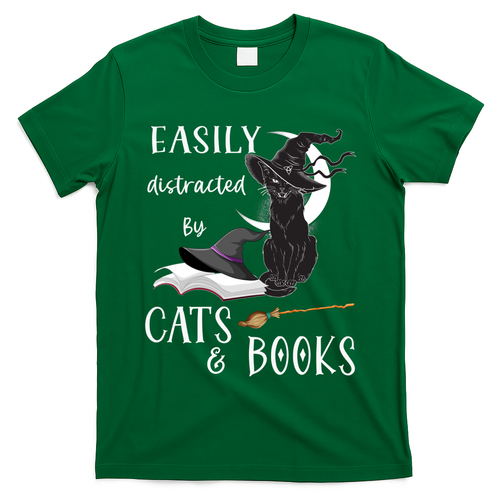 Funny Cat Halloween Tee Easily Distracted By Cats And Books Gift T-Shirt