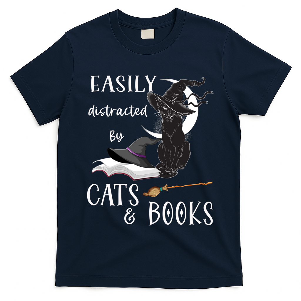 Funny Cat Halloween Tee Easily Distracted By Cats And Books Gift T-Shirt