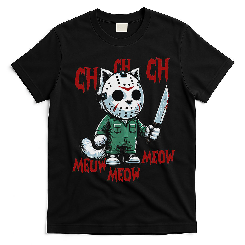 Funny Cat Horror Movies Cute Halloween For Cat Kitty Lovers T-Shirt - Black