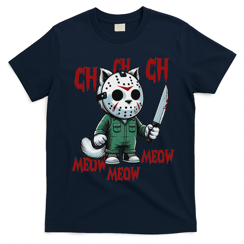 Funny Cat Horror Movies Cute Halloween For Cat Kitty Lovers T-Shirt - Navy Blue