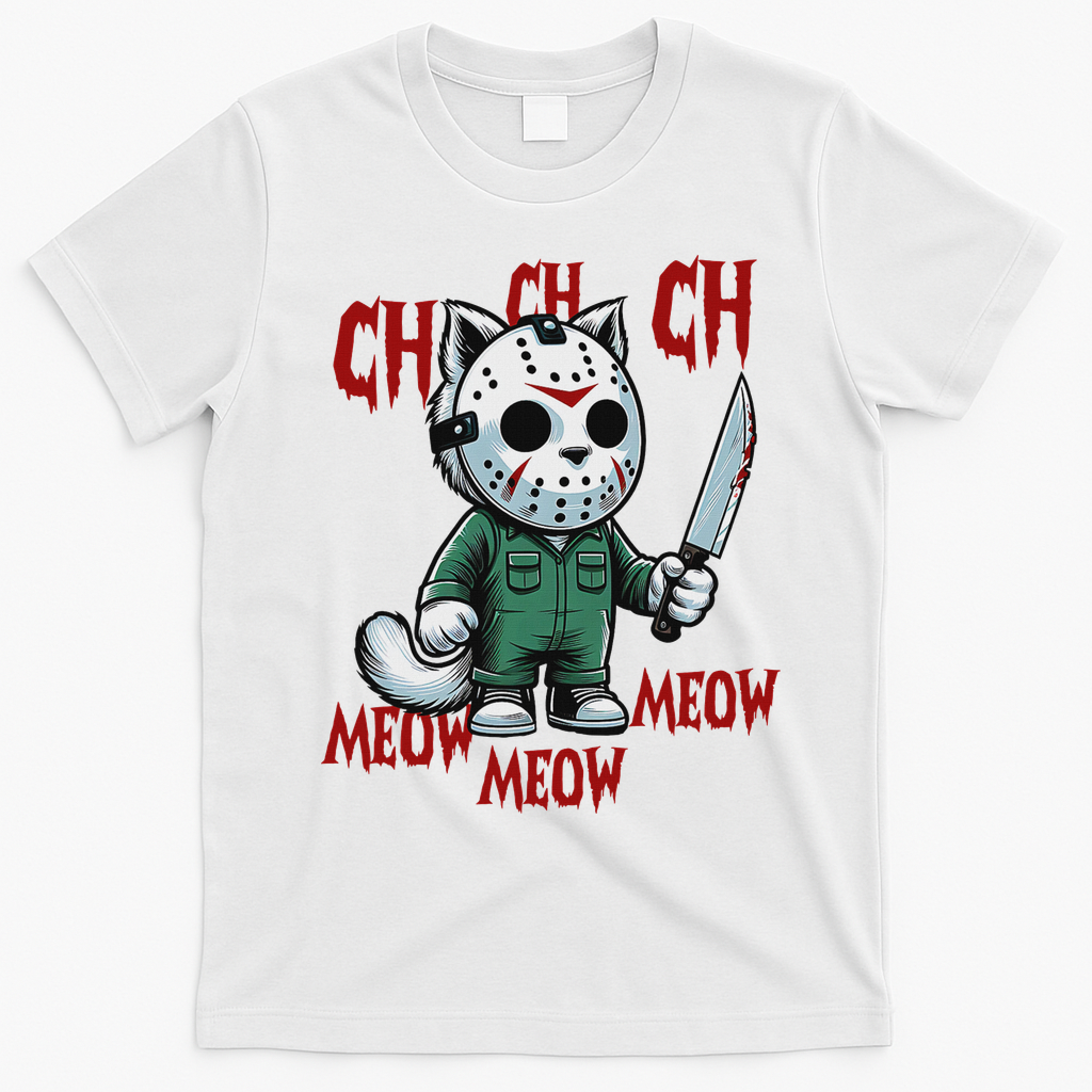 Funny Cat Horror Movies Cute Halloween For Cat Kitty Lovers T-Shirt - White