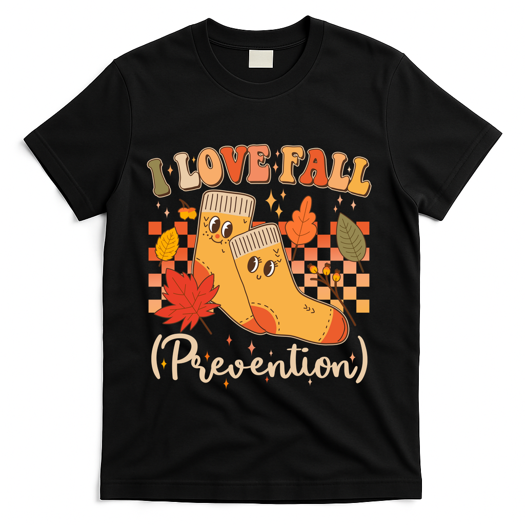 Funny Cute I Love Fall Prevention Retro Cartoon Socks Autumn Lover T-Shirt - Black