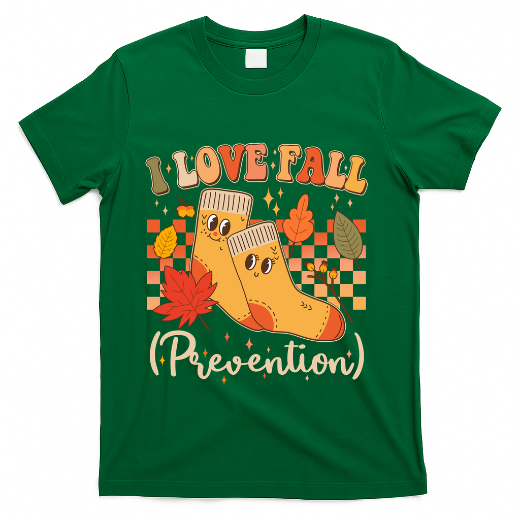 Funny Cute I Love Fall Prevention Retro Cartoon Socks Autumn Lover T-Shirt - Green