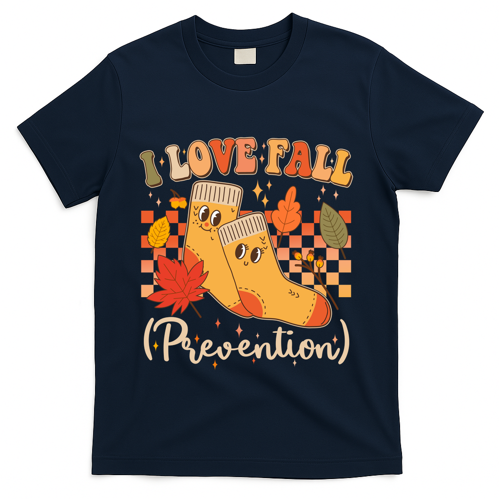 Funny Cute I Love Fall Prevention Retro Cartoon Socks Autumn Lover T-Shirt - Navy