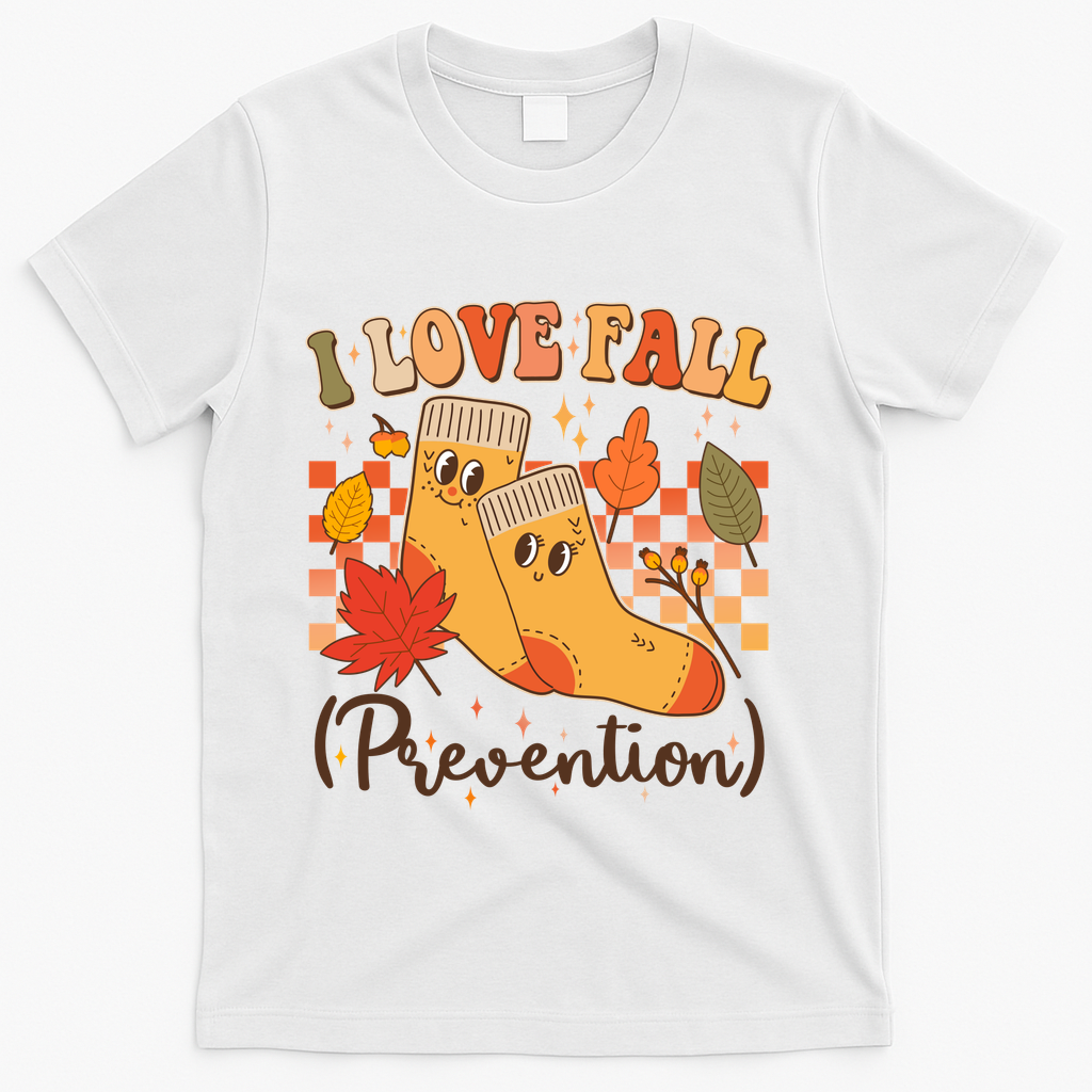 Funny Cute I Love Fall Prevention Retro Cartoon Socks Autumn Lover T-Shirt - White