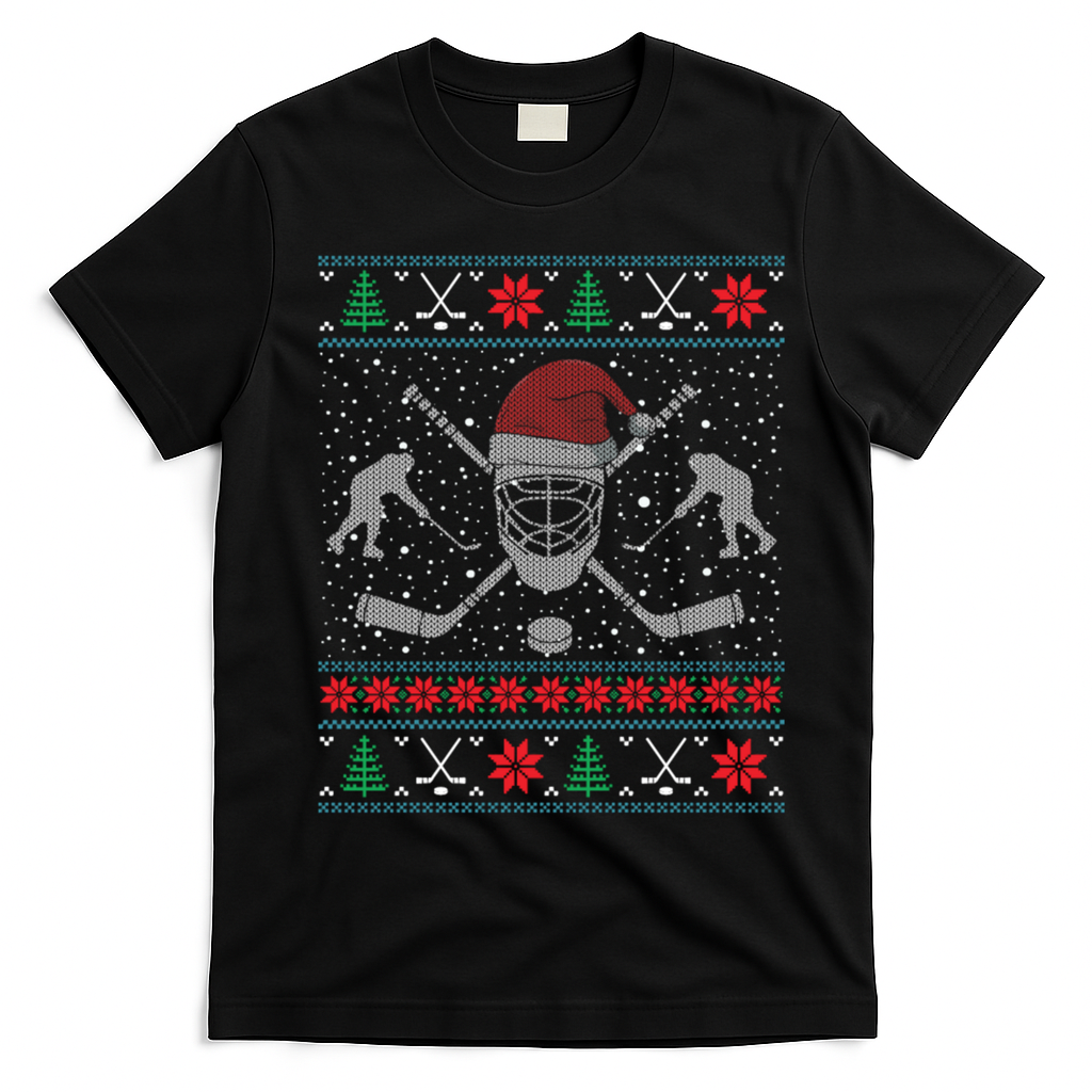 Funny Christmas Ice Hockey Ugly Christmas Cool Gift T-Shirt - Black
