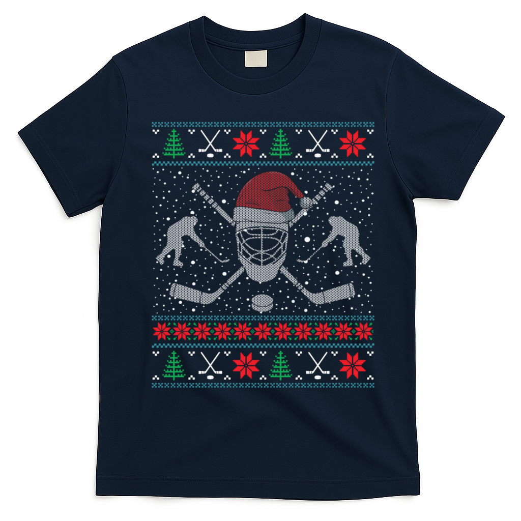 Funny Christmas Ice Hockey Ugly Christmas Cool Gift T-Shirt - Navy Blue