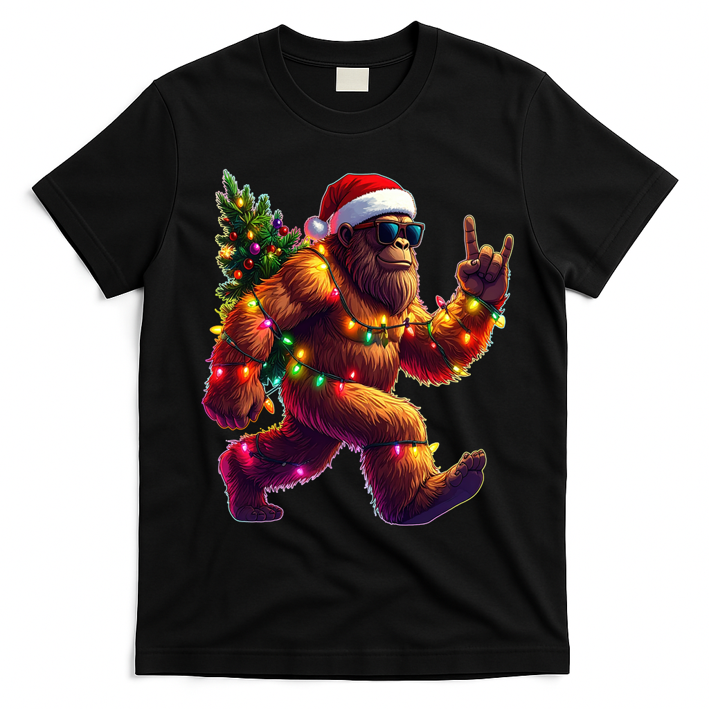 Funny Christmas Lights Sasquatch Big Foot T-Shirt - Black