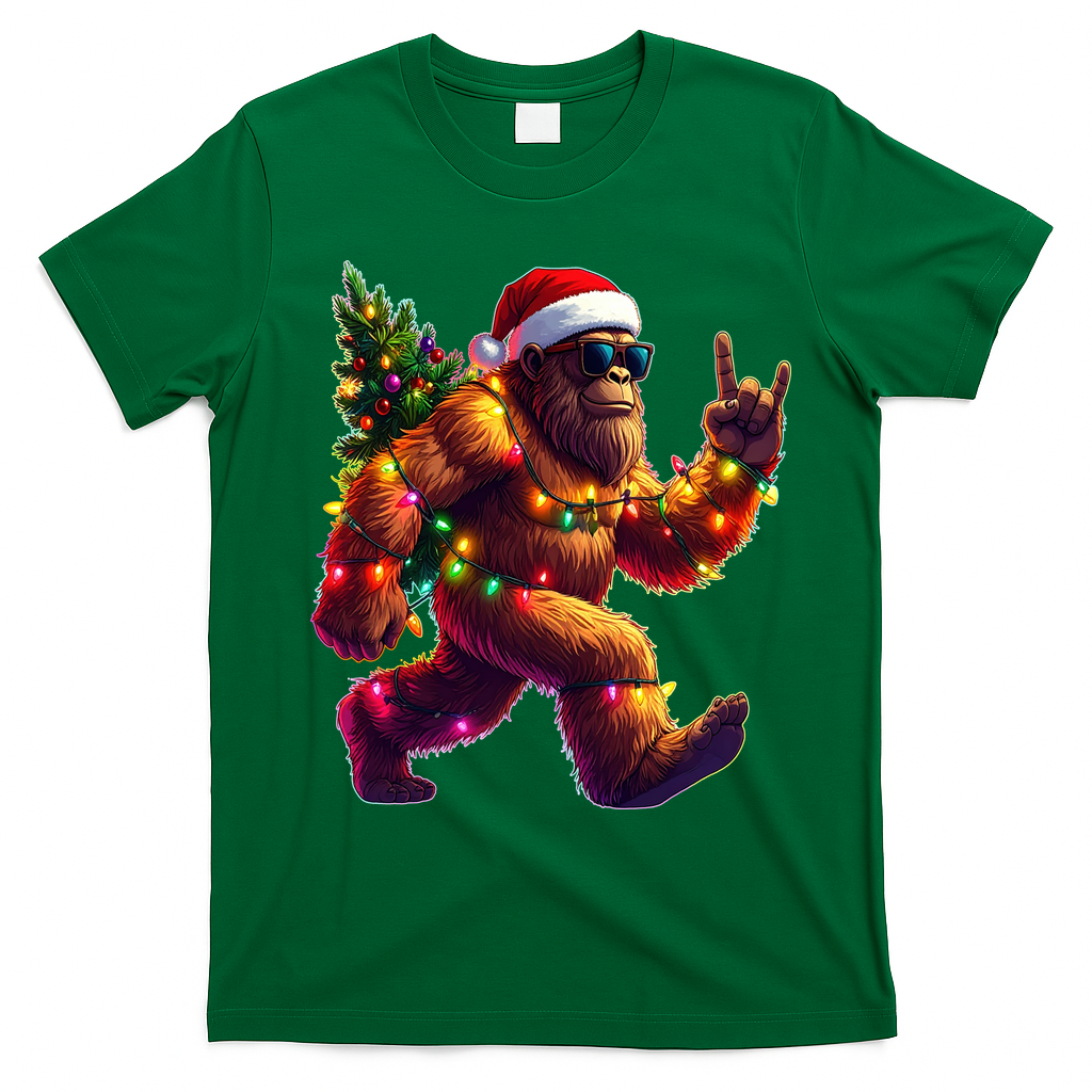 Funny Christmas Lights Sasquatch Big Foot T-Shirt - Irish Green