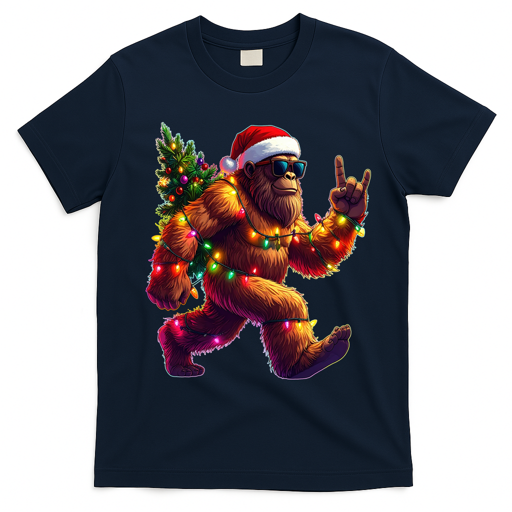 Funny Christmas Lights Sasquatch Big Foot T-Shirt - Navy Blue